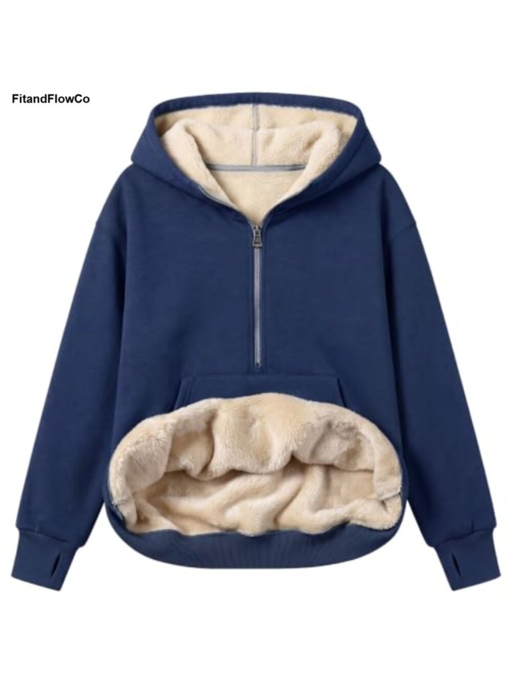 Fuzzy Fleece Half Zip Hoodie Pullover Sweatshirt Thumbholes